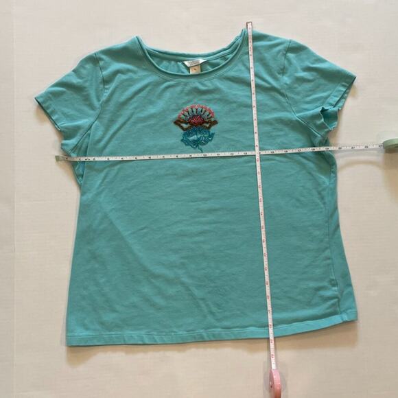 Christopher & Banks Aqua Blue Cotton Short Sleeve T-Shirt Beaded Lotus Flower XL - Picture 6 of 8